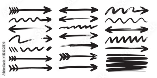 Wallpaper Mural Set of black hand drawn arrows and different wavy lines, doodle sketch style graphic elements, brush strokes Torontodigital.ca