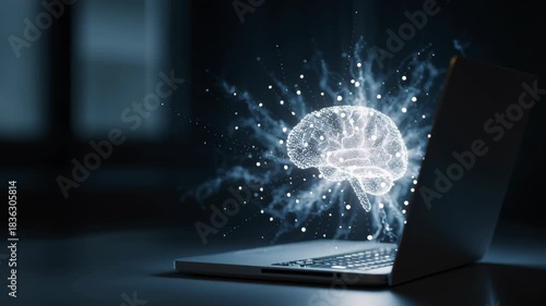A laptop computer screen displaying a brain with a glowing aura. Close-up of glowing neural data hologram above laptop, symbol of AI supporting mental health in hybrid work, hybrid work mental health