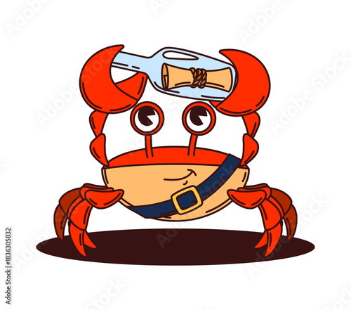 Cartoon crab animal pirate and corsair ship crew character with a message or map in bottle. Isolated vector funny filibuster crustacean personage ready for adventures and jovial seaside treasure hunts