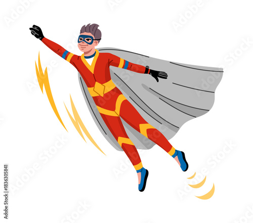 Cartoon kid superhero character. Vector boy flying with a gray cape and red yellow costume, exuding action and bravery with a confident expression and speed effects, symbolizing strength and heroism