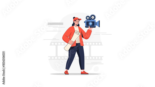 This flat design vector illustration portrays a dedicated independent filmmaker, equipped with a camera and script, embodying the creative spirit of cinema. 