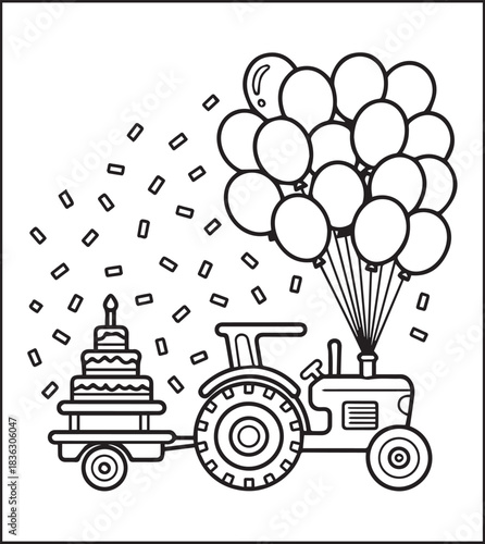 Tractor coloring page activity book for kids, black line art vector for design elements 