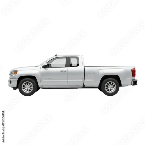 Side view of a white pickup truck with a crew cab isolated on white background