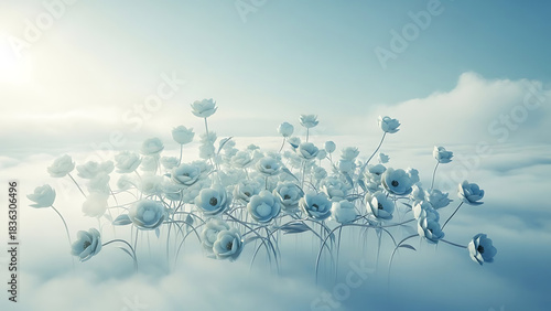 Celestial Bloom Dreamy White Flowers Floating Above Soft Clouds in a Sky-High Garden