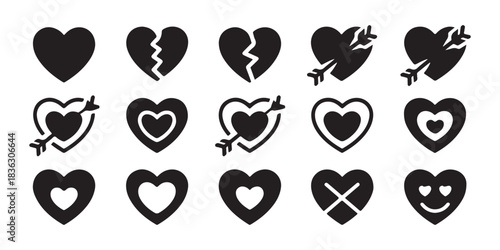 Set of black heart icons representing love feelings including broken hearts and hearts with arrows or holes