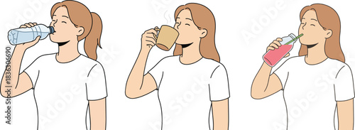 Young woman drinking beverages set including water coffee and smoothie vector illustration for hydration concept