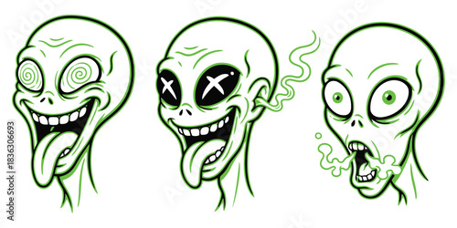 Trippy Alien Line Art Heads: Hypnotized, Dead, and Toxic