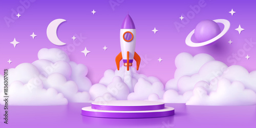 Kids podium stage with space rocket and planets in sky, vector display background. Kids podium with pedestal platform and rocket launch to galaxy space with clouds, stars, moon and Saturn planet