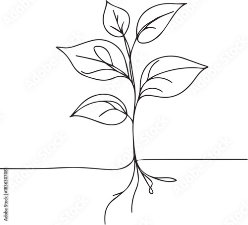 Minimalist one line drawing of a sprouting plant with leaves vector illustration.
