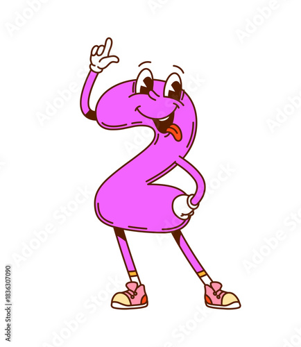 Cartoon groovy math number 2 two character. Kids education digit retro isolated vector happy character, math number funny groovy mascot. Arithmetic and math symbol cheerful Y2K purple personage