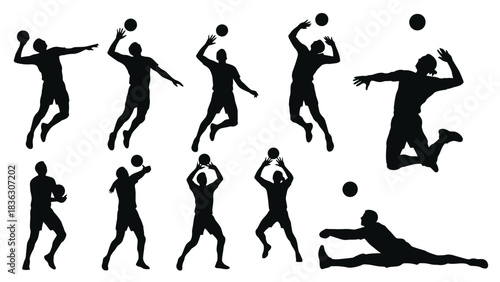Collection of silhouettes of volleyball players in various action poses, including serving, spiking, and diving.