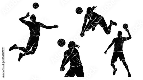 A collection of black silhouettes showing male and female volleyball players in various dynamic action poses.