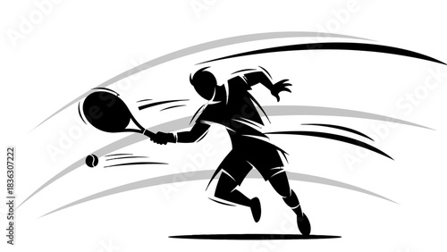 Dynamic silhouette of a tennis player in action, hitting a forehand shot with speed lines indicating movement.
