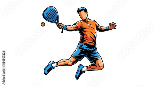 Dynamic illustration of a male padel player jumping to hit the ball with a racket during a game.