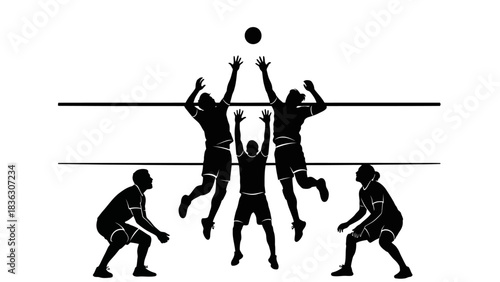 Volleyball players jumping to hit the ball over the net.