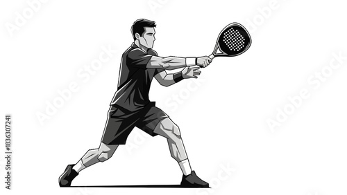 A muscular man in athletic wear plays padel tennis, executing a powerful forehand shot with a paddle.