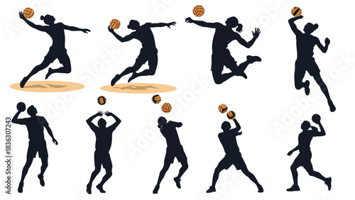 A collection of black silhouettes depicting various volleyball players in action poses, including serving, spiking, and setting, on a white background.