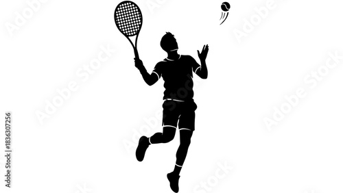 Dynamic silhouette of a male tennis player jumping to serve the ball against a white background.