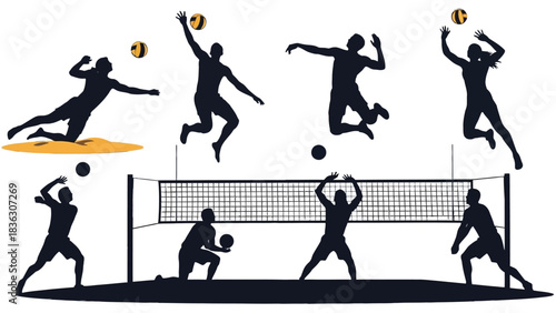 Silhouettes of various volleyball players in action, including spiking, serving, and blocking, with a net.