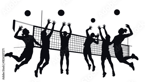Silhouette of volleyball players jumping to hit the ball over the net during a match.