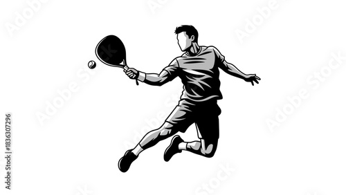 Dynamic black and white illustration of a male padel player jumping in mid-air to hit the ball.
