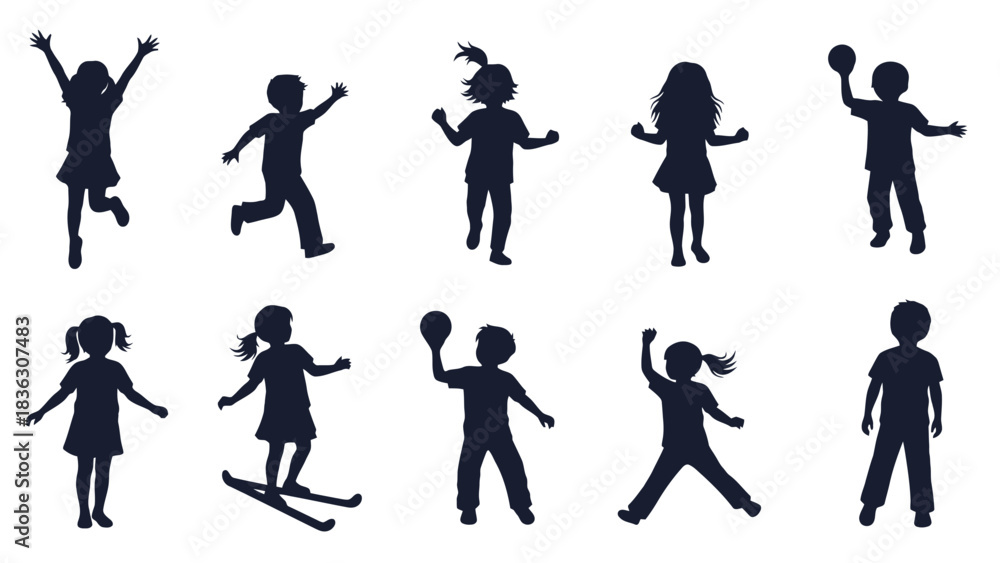 Naklejka premium Silhouette of children playing and doing various activities, such as jumping, running, skiing, and playing with a ball.