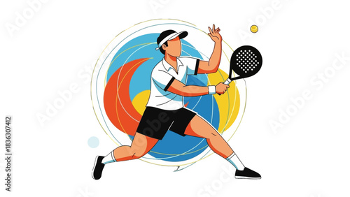 A male tennis player in action, ready to hit the ball with a racket, depicted in a modern flat illustration style.