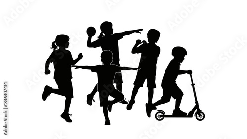 Silhouette of children engaged in various activities, including running, throwing, and riding a scooter.