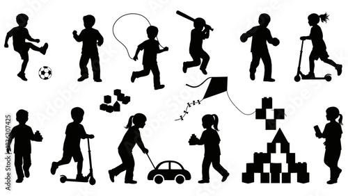 A collection of black silhouettes showing children engaged in various play activities and sports.