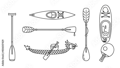 A collection of line art illustrations depicting various watercraft and paddles, including a kayak, a dragon boat, and paddles of different designs.