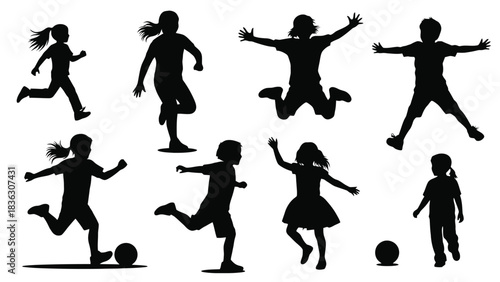 A collection of dynamic black silhouettes depicting various children engaged in playful activities like running, jumping, and kicking a ball, showcasing childhood energy.