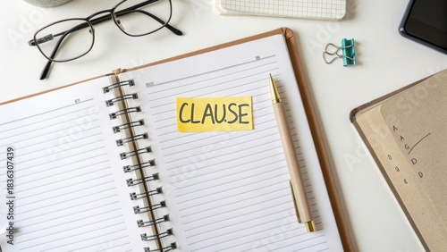 Notebook and pen with clause highlighted on an open page