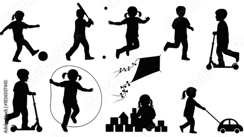 Silhouette of children playing various games and activities, including soccer, baseball, jumping rope, and riding scooters.