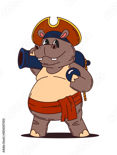 Cartoon hippo animal pirate and corsair ship crew character clad in tricorn hat and grinning broadly, standing with a cannon and cannonball. Vector hippopotamus personage exudes adventurous spirit