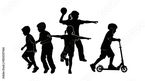 Silhouettes of children engaged in various physical activities, including playing sports and riding a scooter.