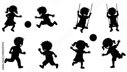 Silhouettes of children playing various games and activities like running, swinging, and playing with a ball.