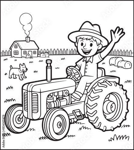 Tractor coloring page activity book for kids, black line art vector for design elements 