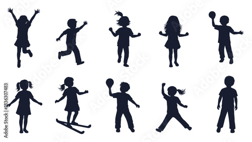 Silhouette of children playing and doing various activities, such as jumping, running, skiing, and playing with a ball.