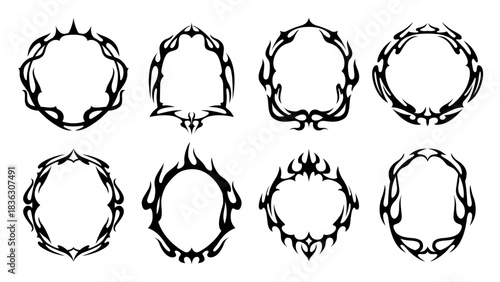 Tribal gothic frames with fire flames, fantasy spikes and demon horns borders. Vector neo gothic y2k oval and arched black frames, vintage tribal tattoo, Halloween horror hell fire flame border lines