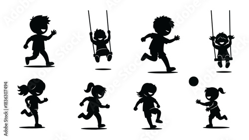 Silhouettes of children playing and swinging on a playground, engaged in various activities.