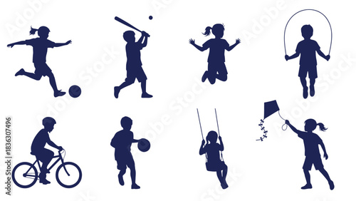 Silhouettes of children playing various sports and outdoor activities like soccer, baseball, jumping, jump rope, cycling, basketball, swinging, and flying a kite.