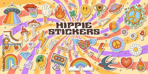 Retro groovy hippie stickers pack. UFO saucer, roller skates, melting emoji face and peace hippie symbols, psychedelic mushrooms, cassette, rainbow and eye funny 80s groovy vector stickers or patches