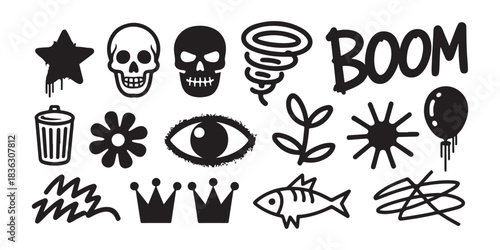 A collection of grunge vector illustrations featuring stars, skulls, tornadoes, 'boom' text, balloons, trash cans, flowers, eyes, leaves, crowns, fish, and barbed wire