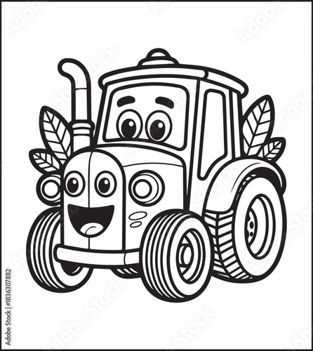Tractor coloring page activity book for kids, black line art vector for design elements 