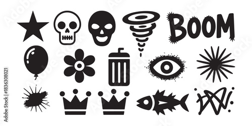 Set of various urban graffiti spray paint street art symbols, decorative design elements, comic boom explosion shapes