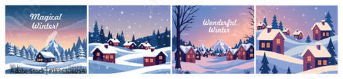 A vector set of charming winter cottages at sunset in towns and villages, with snow-capped hills, pine trees, and sweet winter inscriptions. Perfect for Christmas card designs, banners, seasonal posts