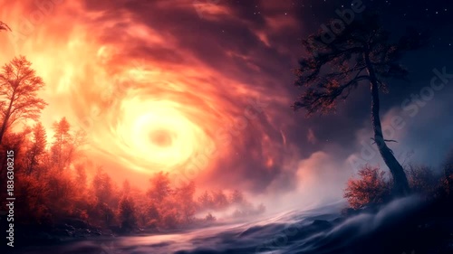 Apocalyptic Landscape with Swirling Vortex and Dramatic Sky.