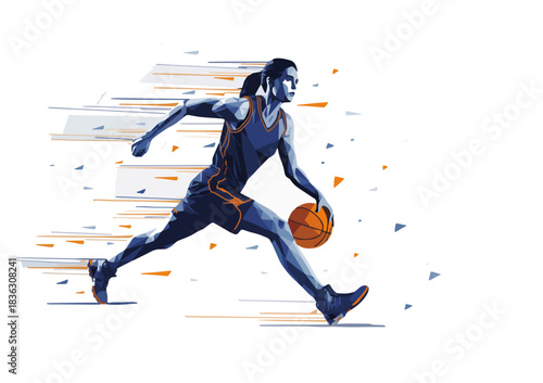 Energetic polygonal illustration featuring a female basketball player in motion, dribbling the ball with determination, surrounded by abstract speed lines