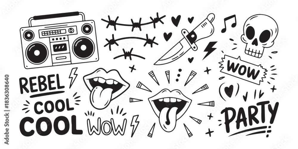 Obraz premium Set of cool hand drawn doodle elements with boombox barbed wire skull and various punk rock objects isolated on white