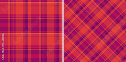 Vibrant plaid texture. Bold checks in reds, oranges, and purples create a striking, versatile pattern. Ideal for backgrounds, textiles,  design elements.
